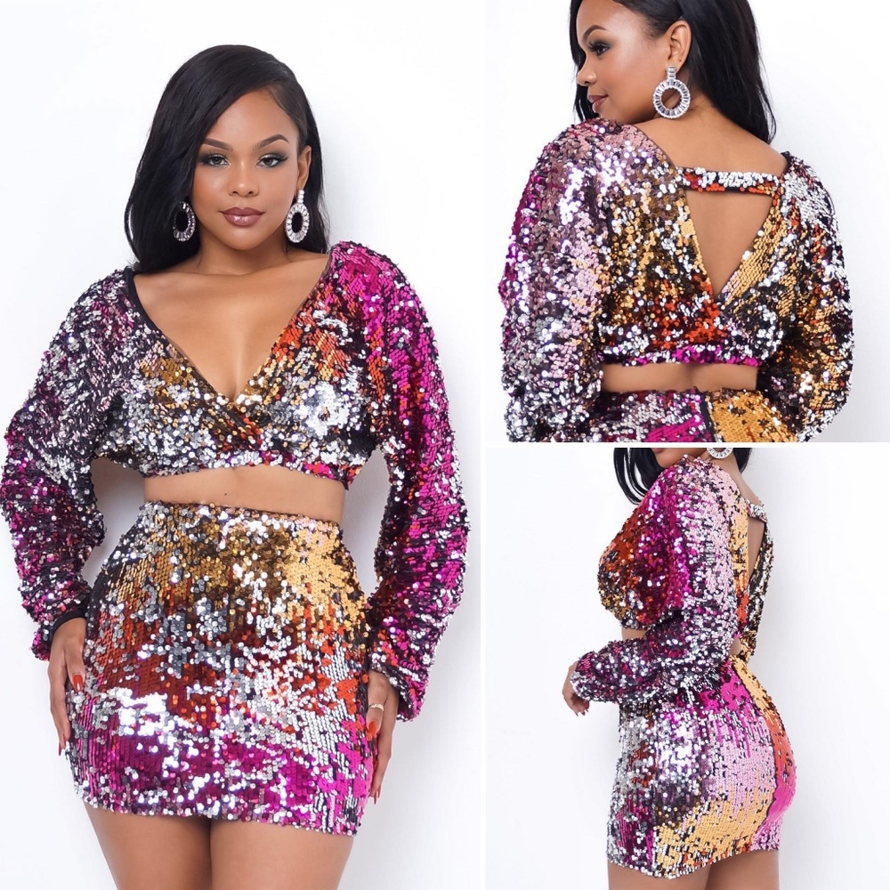 Glitz Me Two Piece Sequin Skirt & Crop Top